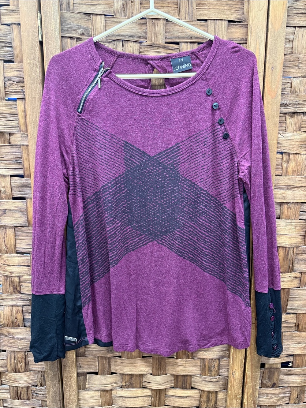 Plum Long-Sleeve Graphic Tee with Black Accents